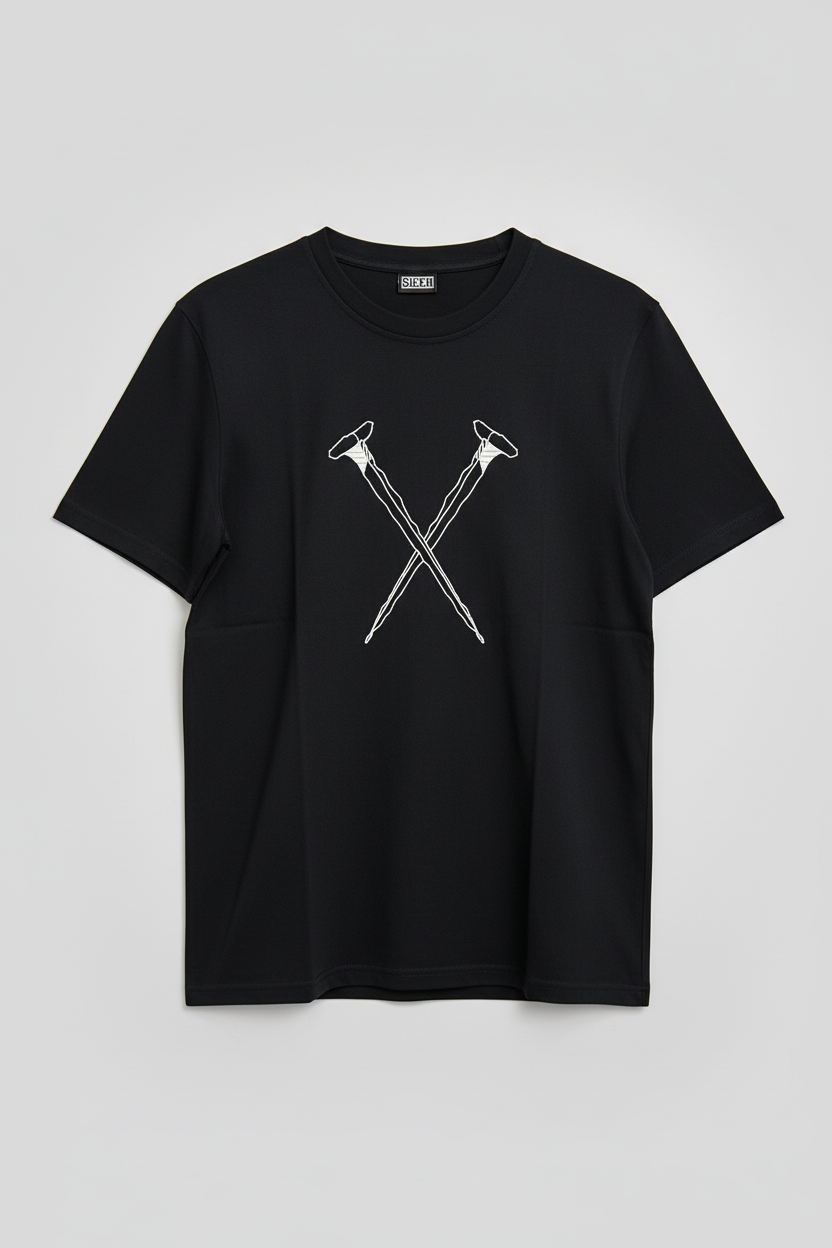 T-shirt nera SICK HEAD con etichetta brand - foto catalogo professionale